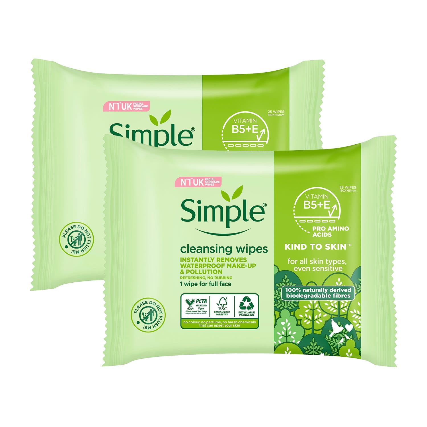 Simple Kind To Skin 25 Cleansing Facial Wipes front view for on-the-go cleansing