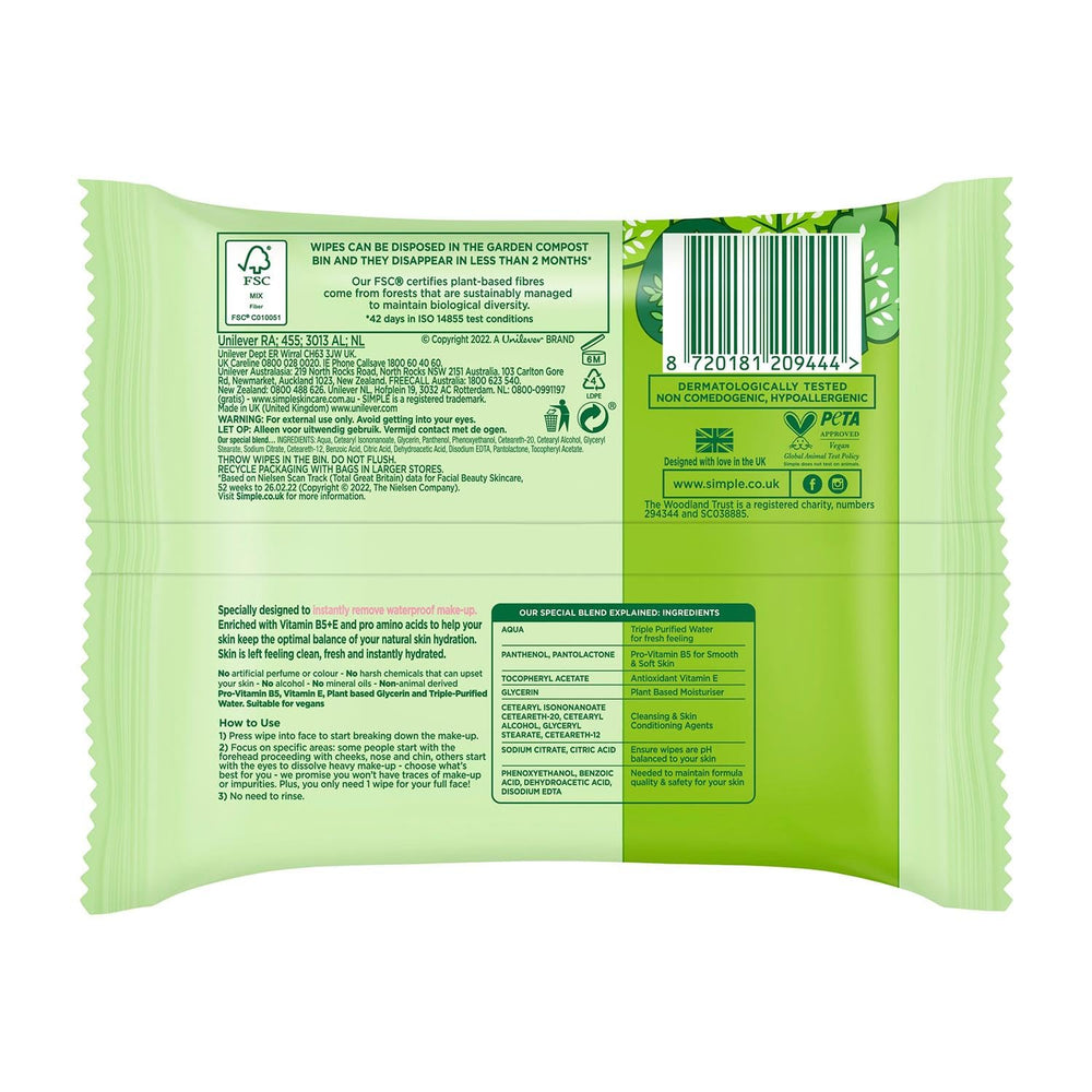 Simple Kind To Skin 25 Cleansing Facial Wipes packaging close-up shows fragrance-free formula