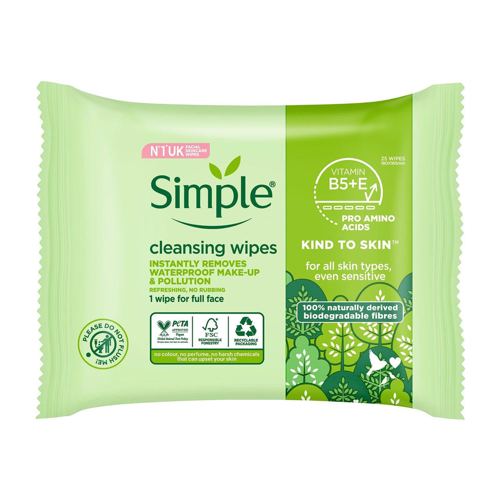 Simple Kind To Skin 25 Cleansing Facial Wipes dermatologist-tested label visible