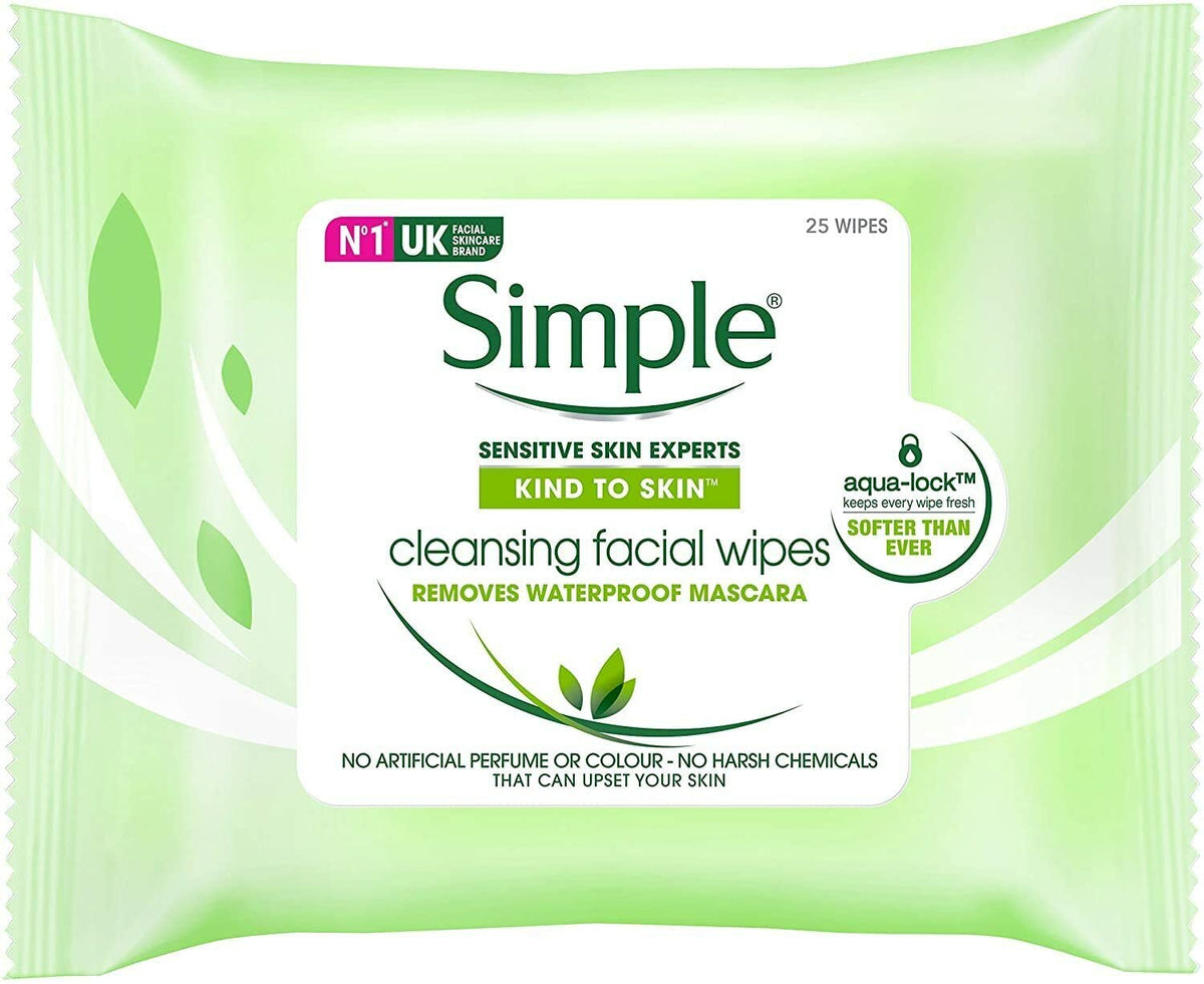 Simple Kind to Skin cleansing facial wipes pack6 closeup highlighting gentle, alcohol-free formula for sensitive skin.