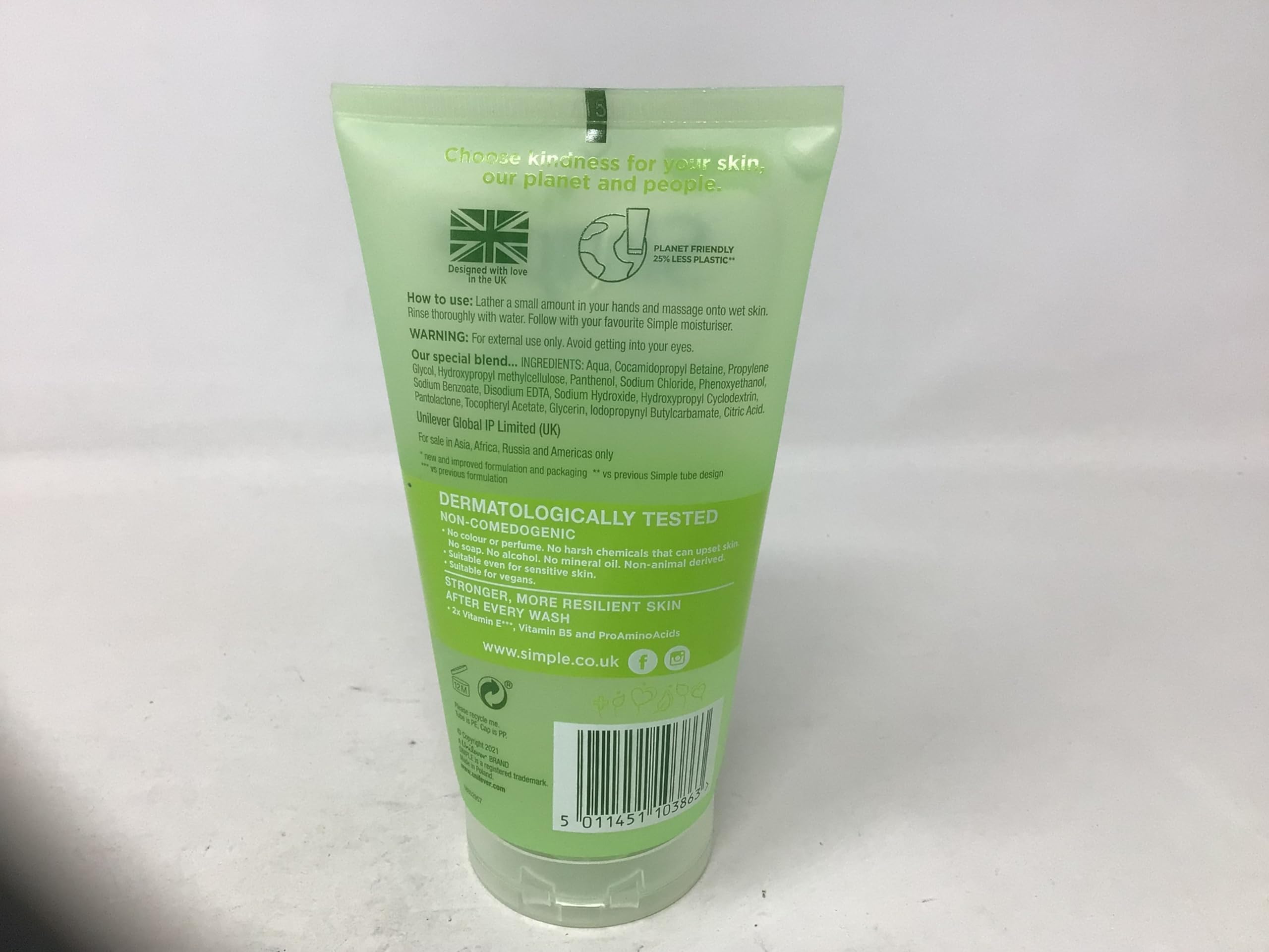 Simple kind to skin face wash skin close-up indicating suitability for sensitive skin