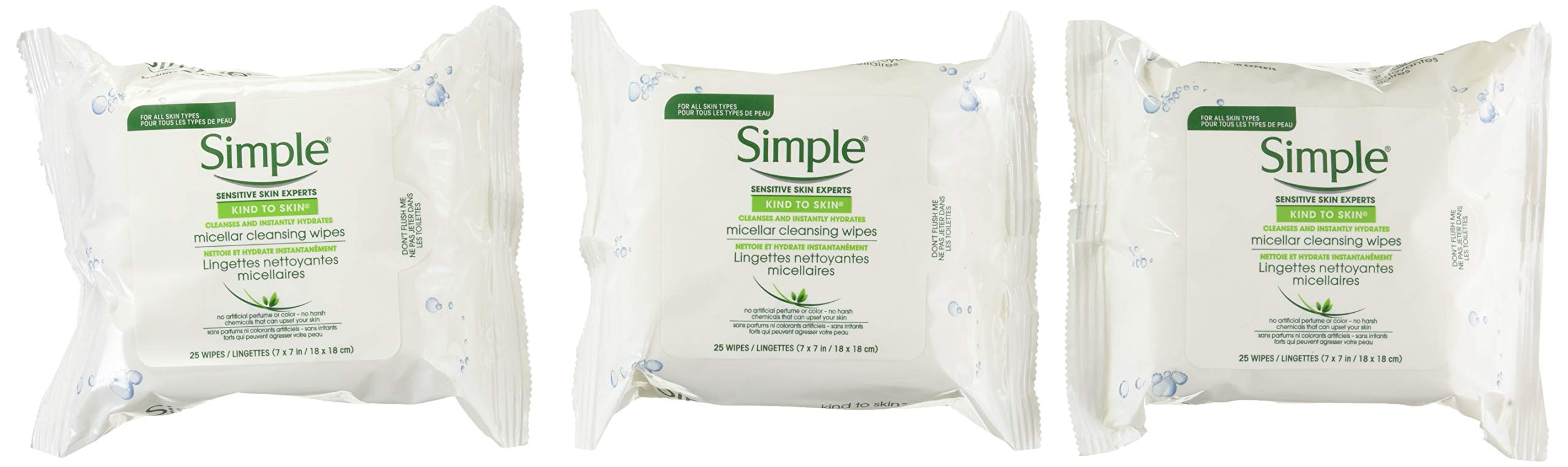 Simple Micellar Makeup Remover Wipes triple-pack packaging for on-the-go cleansing
