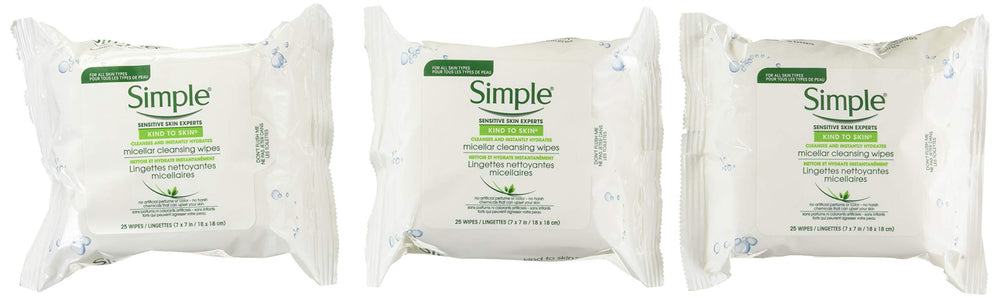 Simple Micellar Makeup Remover Wipes triple-pack packaging for on-the-go cleansing
