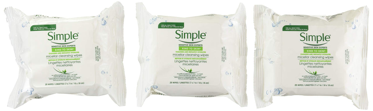 Simple Micellar Makeup Remover Wipes packshot shows quick, gentle makeup removal on the go.