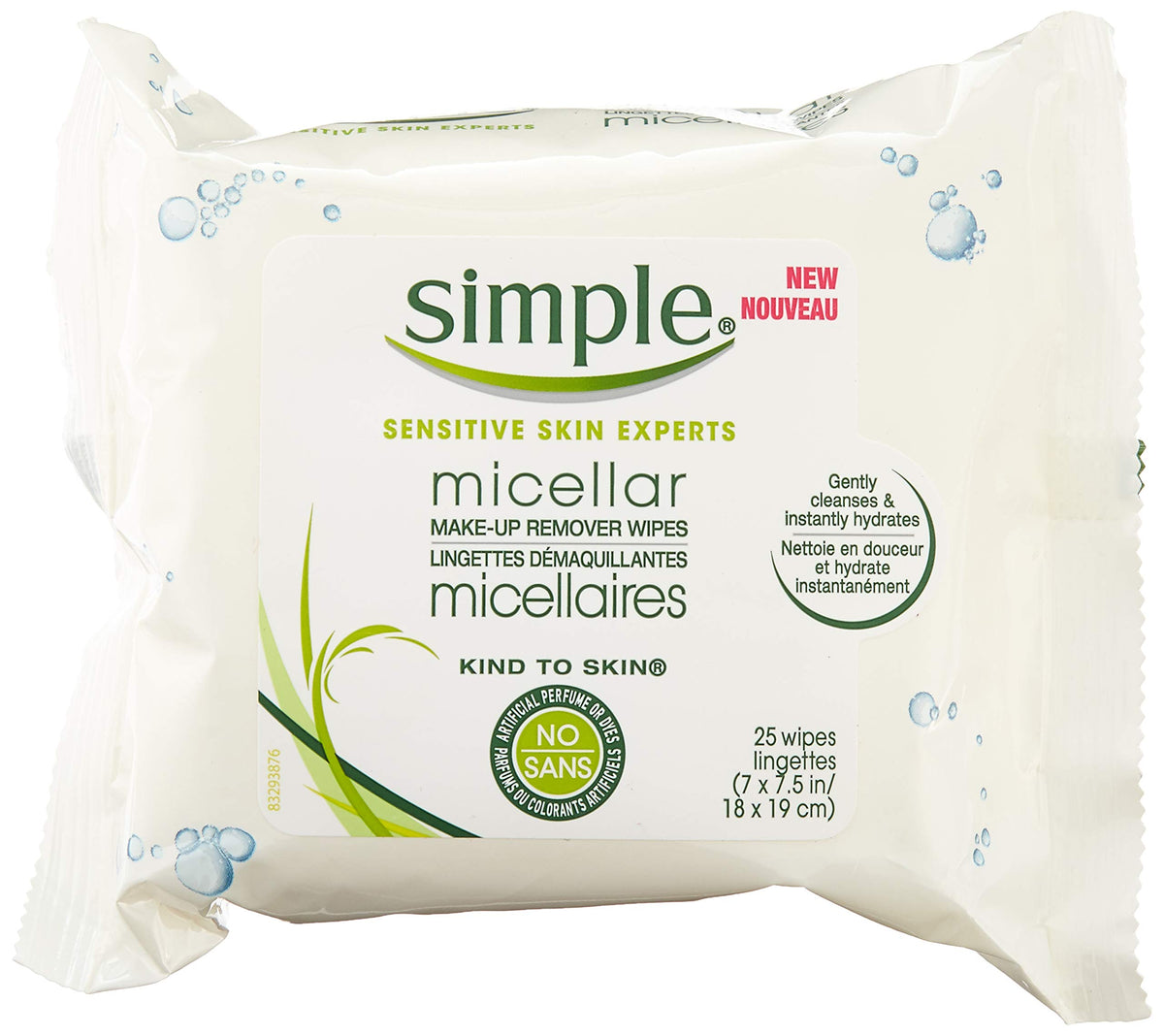 Simple Micellar Wipes closeup shows gentle makeup removal and hydration.
