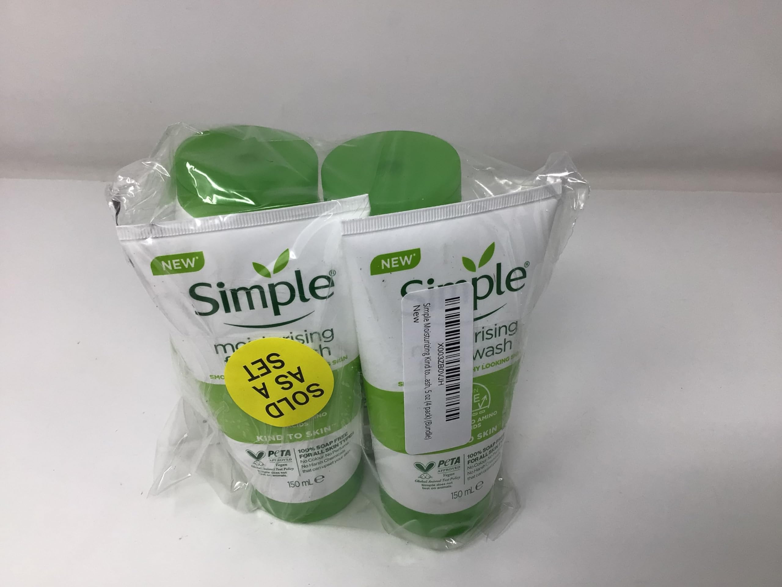 Simple moisturizing face wash 4-pack packaging highlights value-friendly bundle for homes.