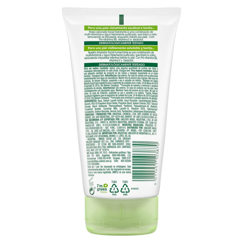 Simple Moisturizing Facial Wash foam-lather image shows soft, refreshing rinse.
