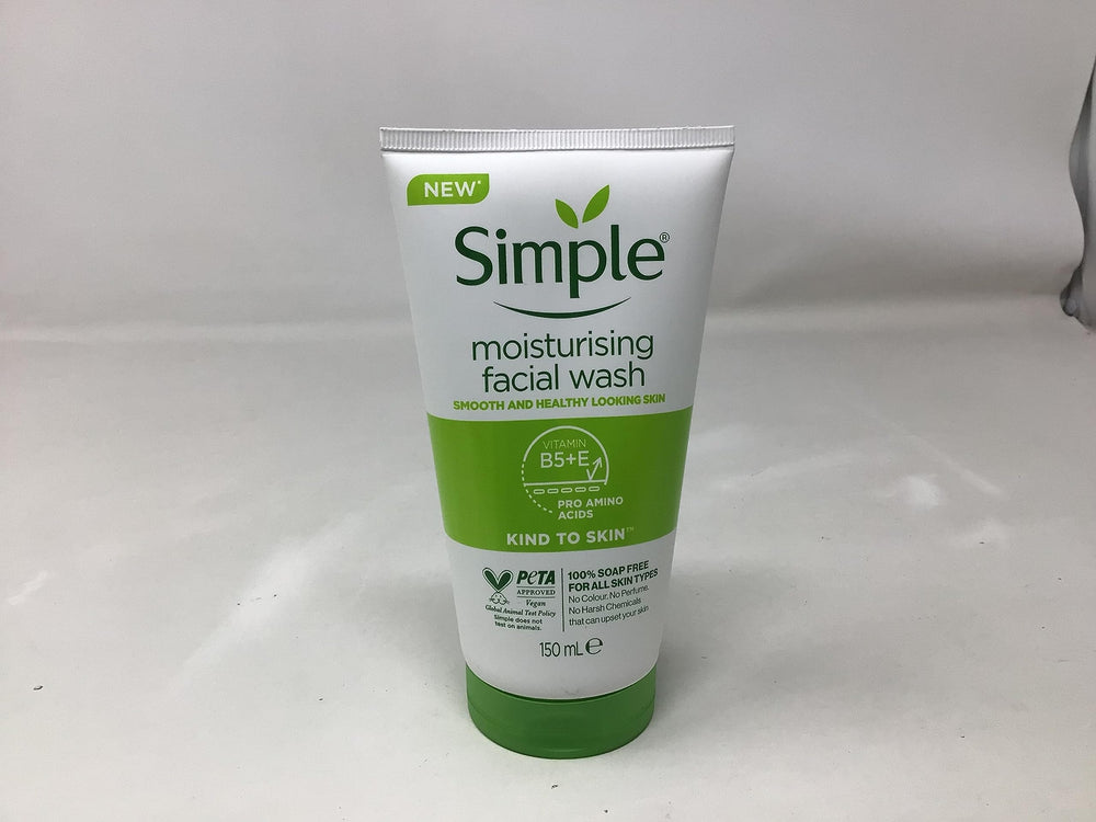 Simple Moisturizing Facial Wash pump close-up highlights daily gentle cleanse.