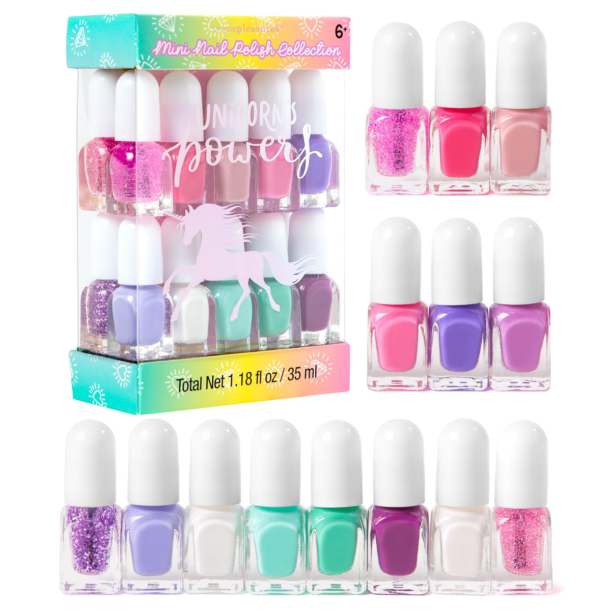 Simple Pleasures Unicorn Power nail polish set front view with 14 colors for kid-friendly nail art
