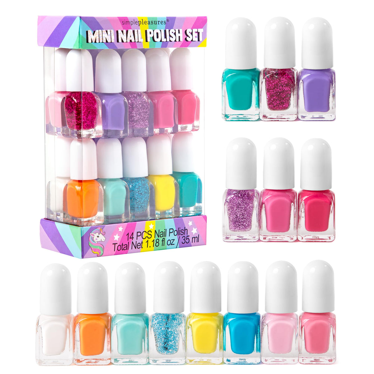SIMPLE PLEASURES Unicorn Rainbow set with 14 colors for playful manicures.
