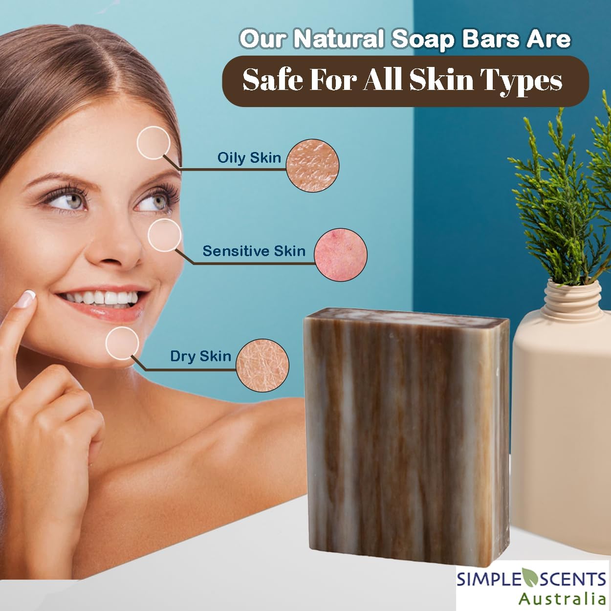 Simple Scents Australia sandalwood bar in shower suggests refreshing cleansing with earthy aroma.