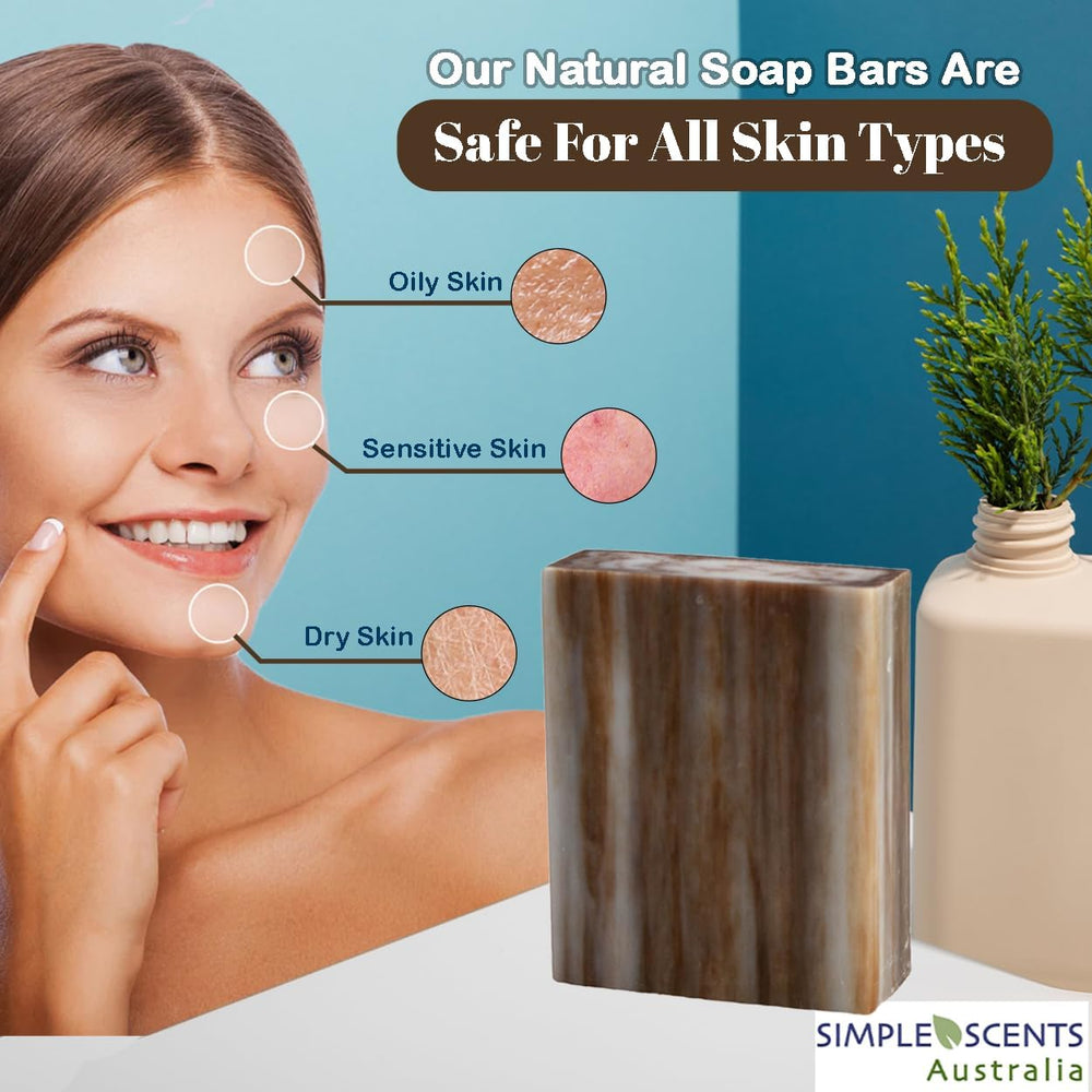 Simple Scents Australia sandalwood bar in shower suggests refreshing cleansing with earthy aroma.