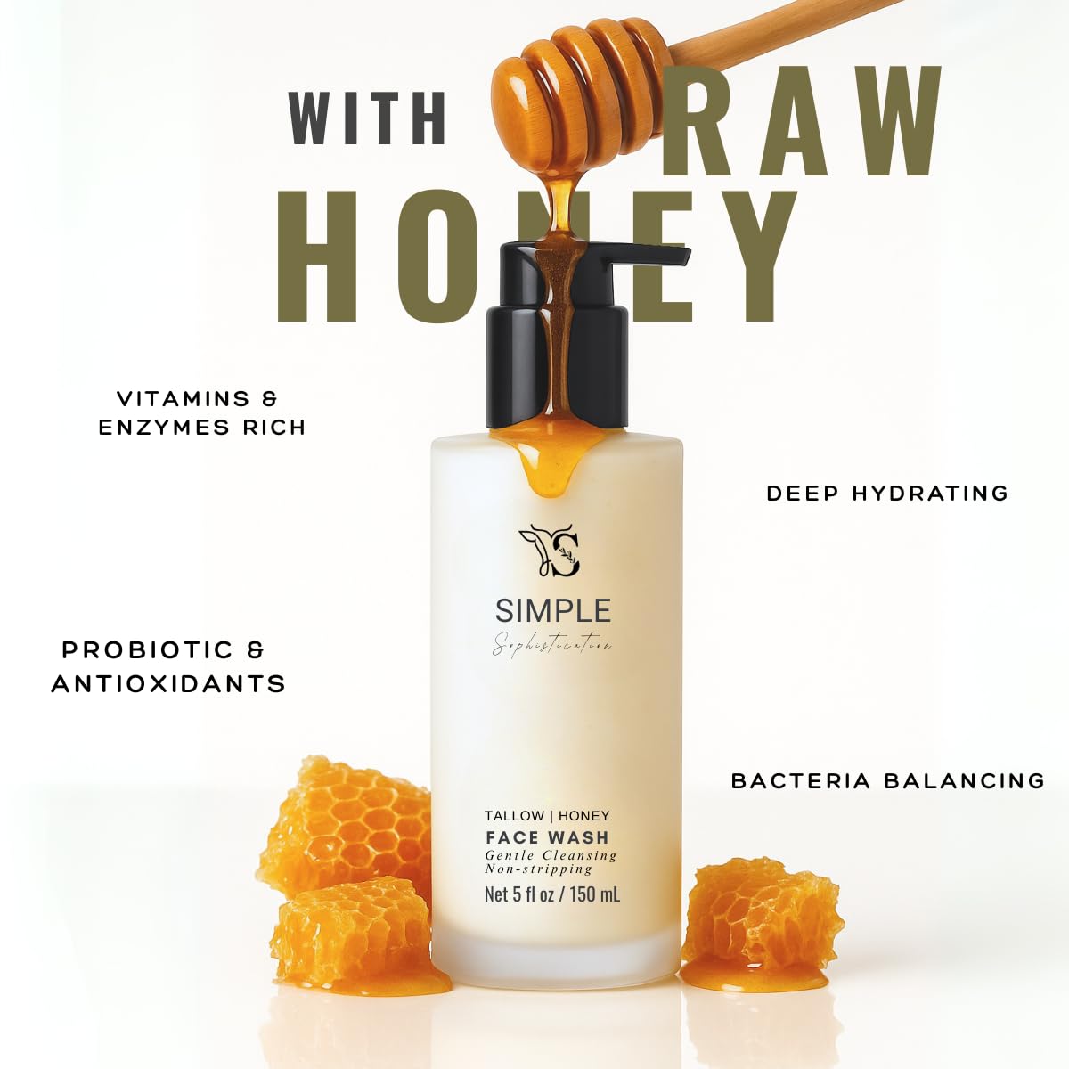 Simple Sophistication Tallow Honey Cleansing Milk rinse reveals refreshed, softer skin.