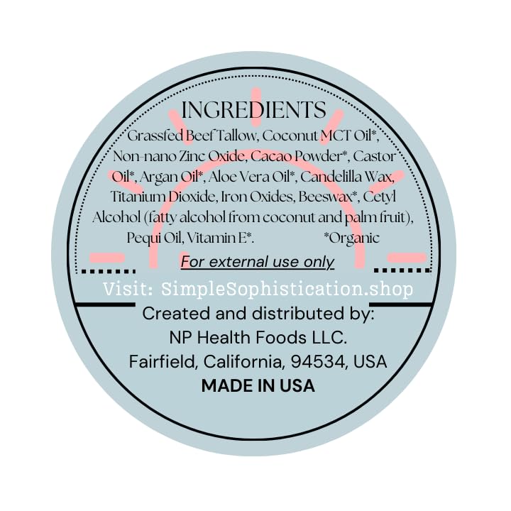 Simple Sophistication Tallow Sun Balm ingredients nourish with grassfed tallow and zinc oxide.