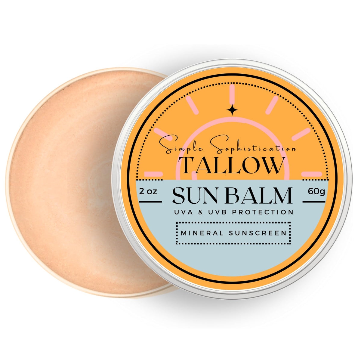 Simple Sophistication Tallow Sun Balm tinted packaging showcases clean, reef-safe mineral protection.