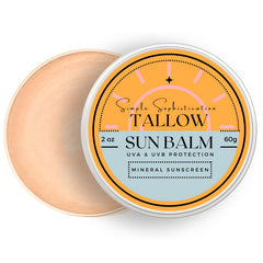 Simple Sophistication Tallow Sun Balm tinted packaging showcases clean, reef-safe mineral protection.
