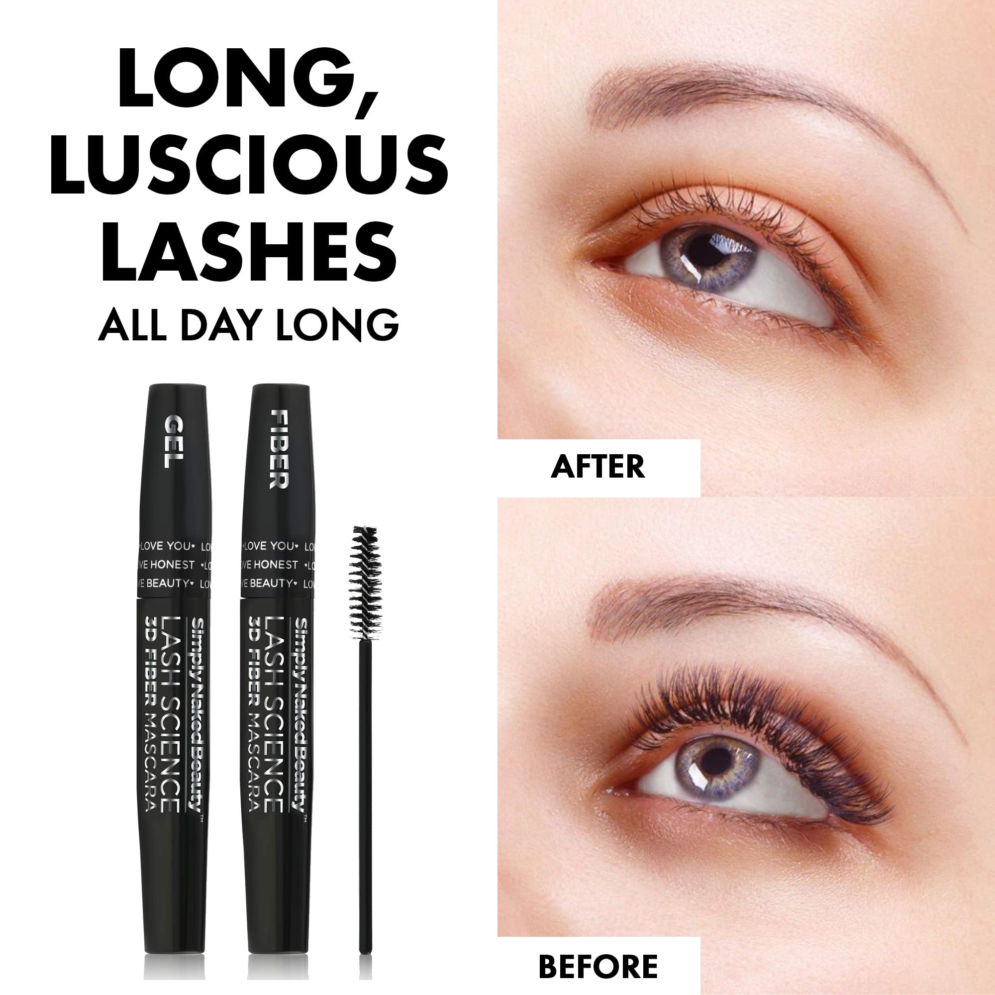 Simply Naked Beauty 3D Lash Mascara brush close-up showing precise, voluminous coating.