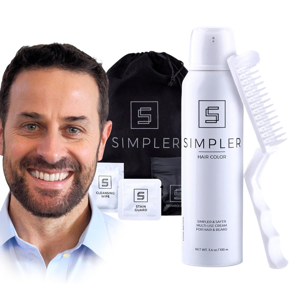 Simpler Hair Color for Men bottle application shows drip-free dispensing for quick color