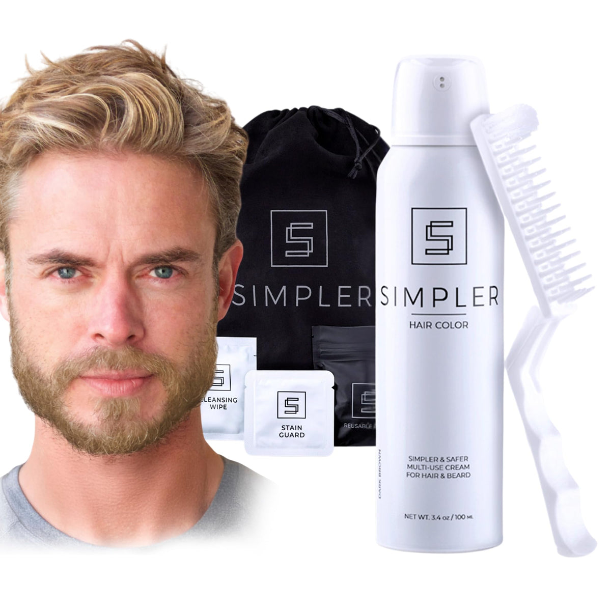 SIMPLER Hair Color for Men Kit packaging highlights safe, beginner-friendly setup