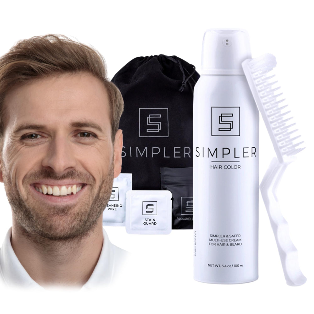 Simpler Hair Color kit open box showing convenient no mess setup for gray coverage