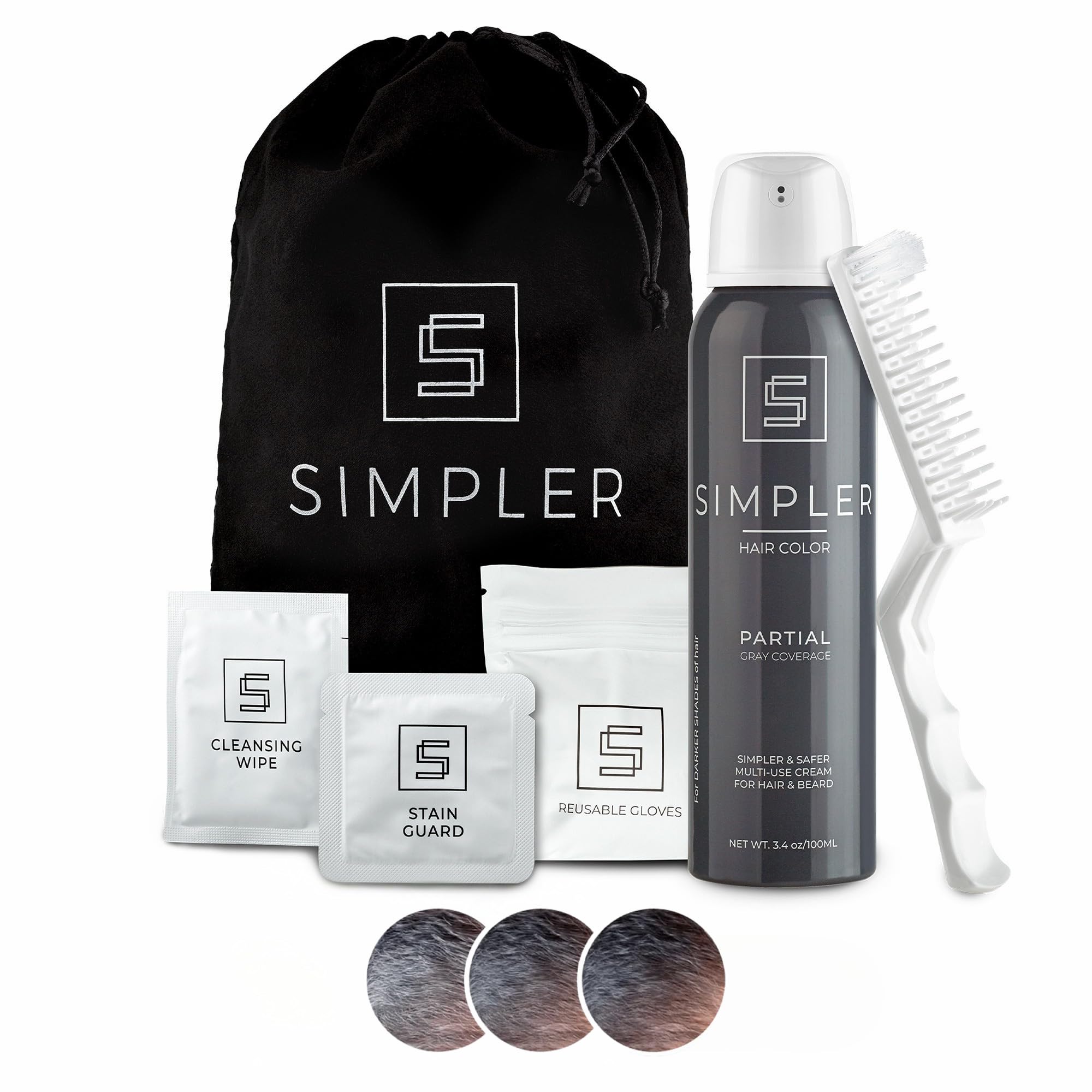 Simpler Hair Color partial coverage bottle shows subtle gray blending for a refreshed look.
