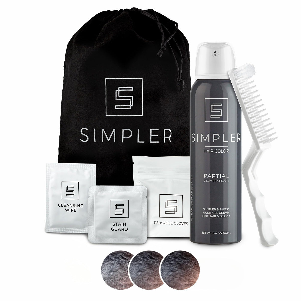 Simpler Hair Color partial coverage bottle shows subtle gray blending for a refreshed look.
