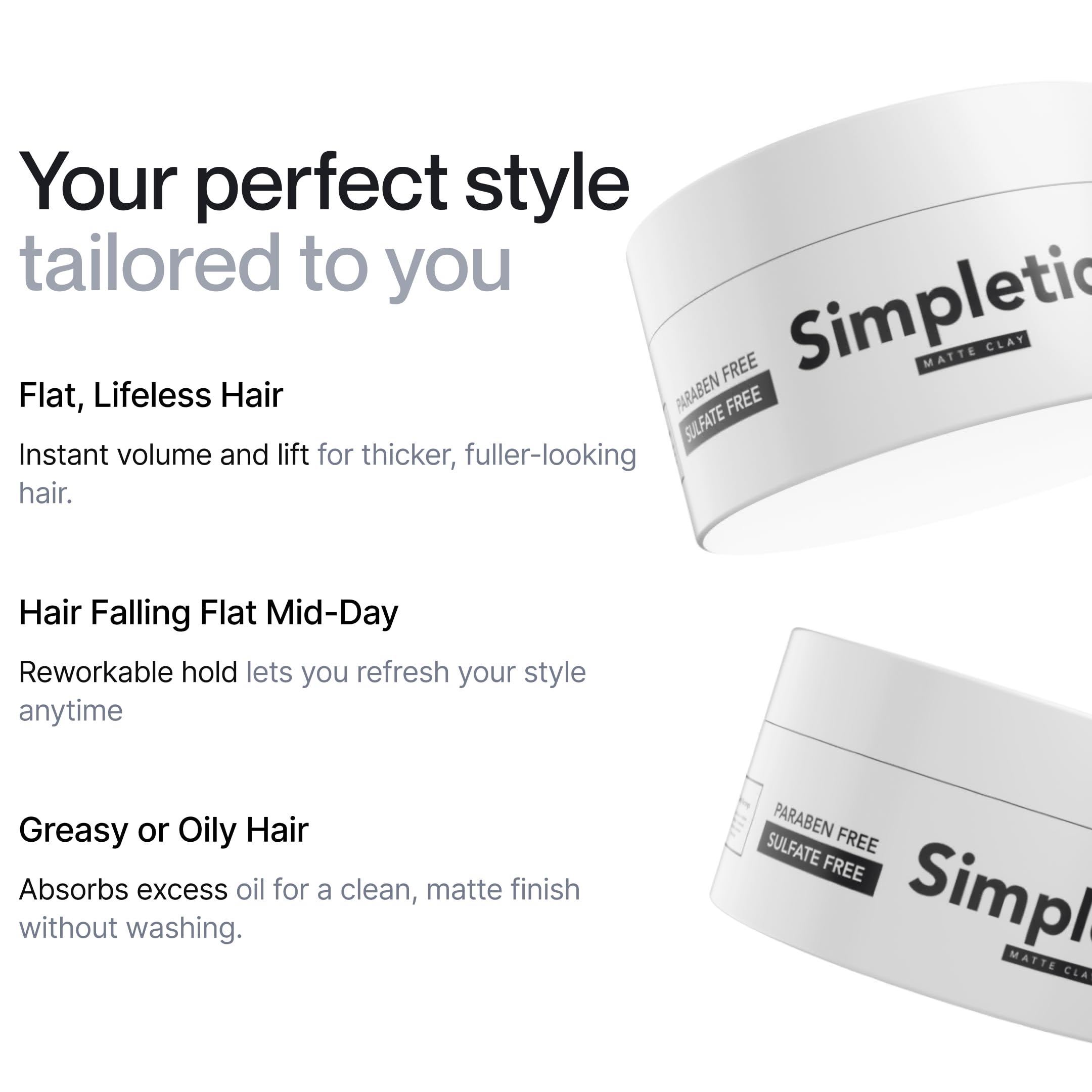 Simpletics Hair Clay model with matte finish and textured volume.