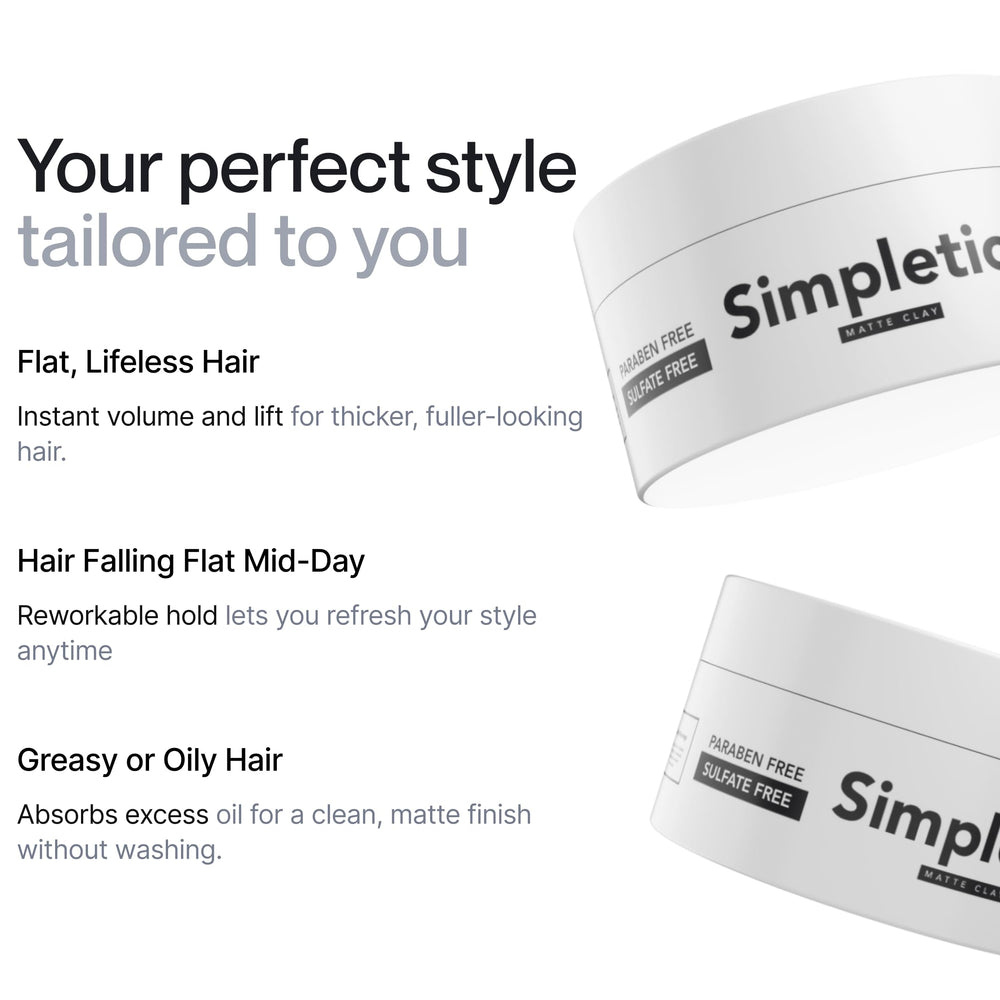 Simpletics Hair Clay model with matte finish and textured volume.