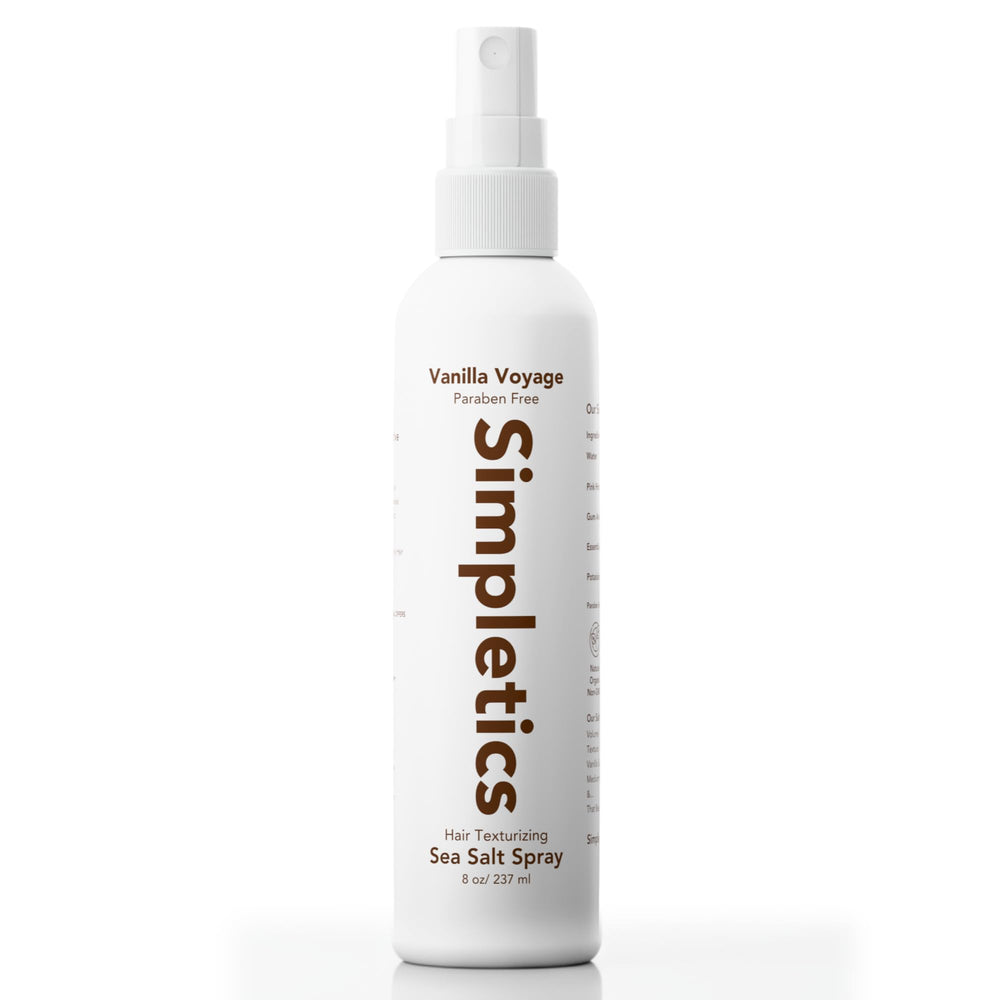Simpletics Himalayan Sea Salt Spray bottle with vanilla scent delivers beachy volume.