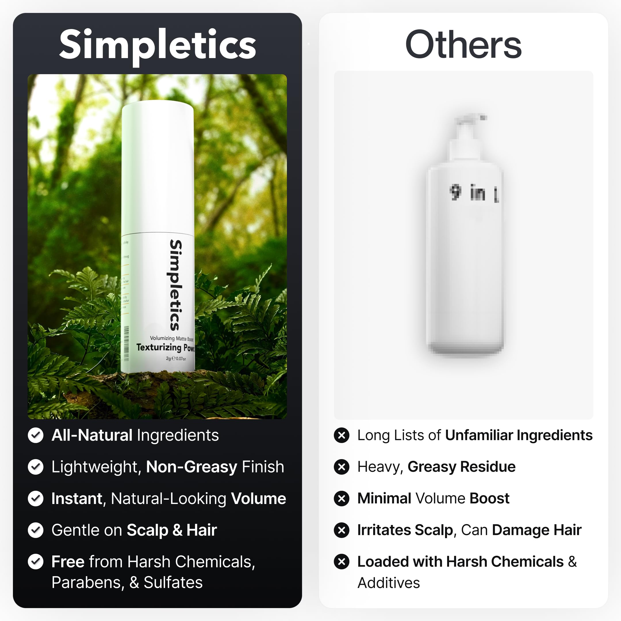 Simpletics Texturizing Powder bottle closeup communicates premium packaging and convenient use