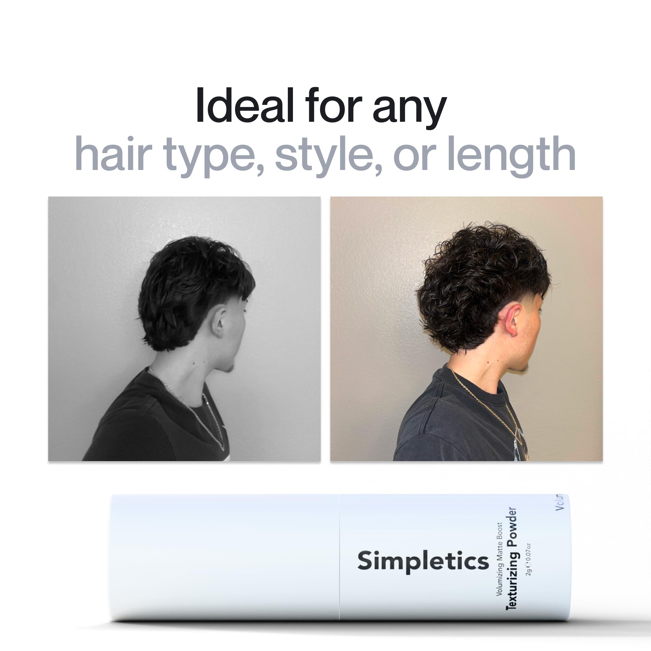 Simpletics Texturizing Powder root-volume shot shows instant lift for fuller hair