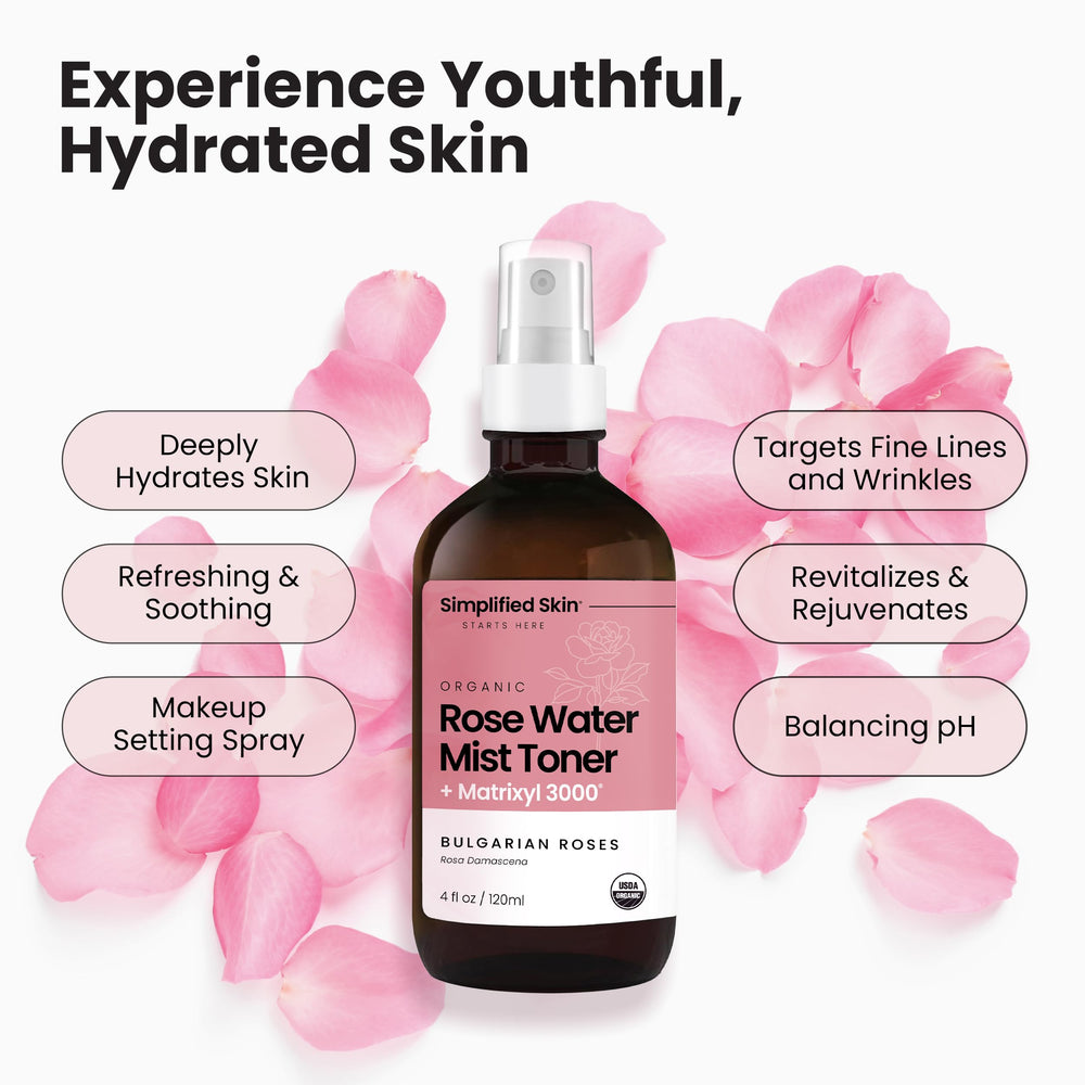 Simplified Skin organic rosewater ingredient close-up highlighting purity