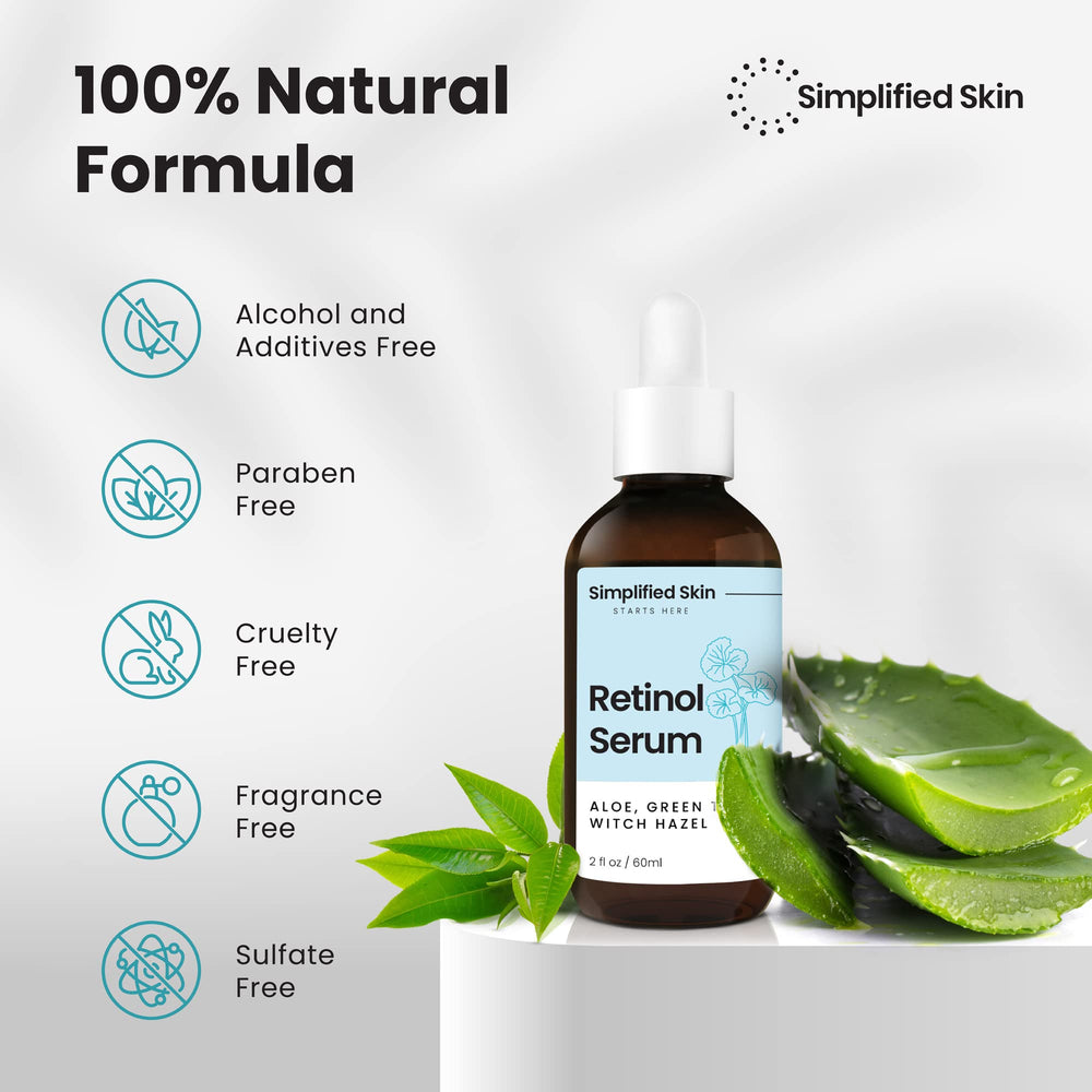 Simplified Skin retinol serum droplet on hand shows fast-absorbing, non-greasy finish