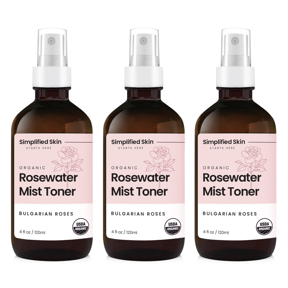 Simplified Skin rosewater spray bottle front view for facial hydration and refreshing mist.