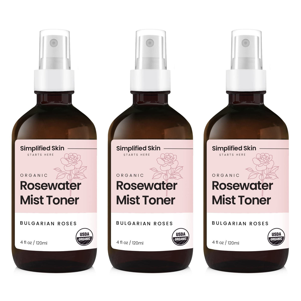 Simplified Skin rosewater spray bottle front view for facial hydration and refreshing mist.
