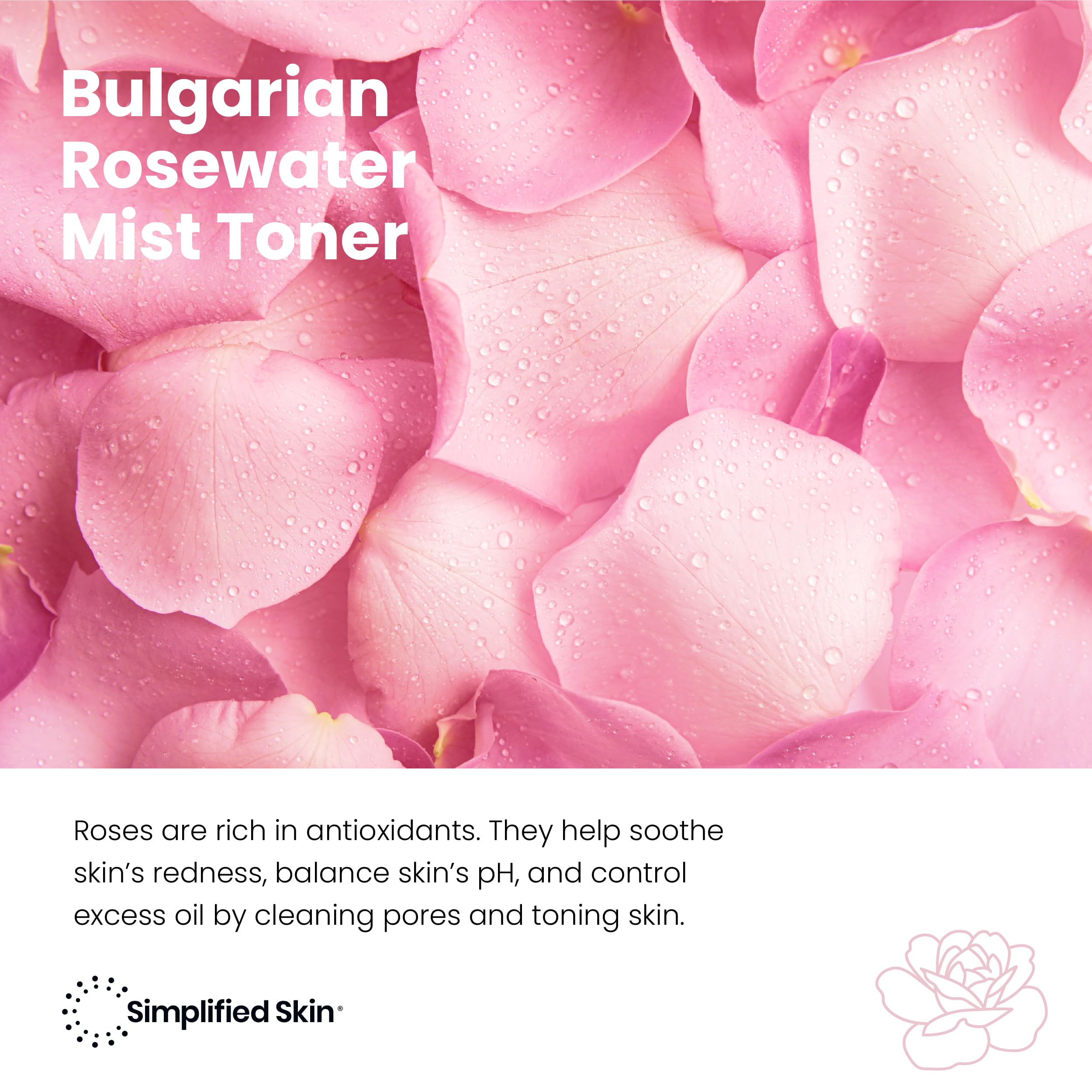 Simplified Skin rosewater spray featuring Bulgarian rose water for skin-friendly hydration.
