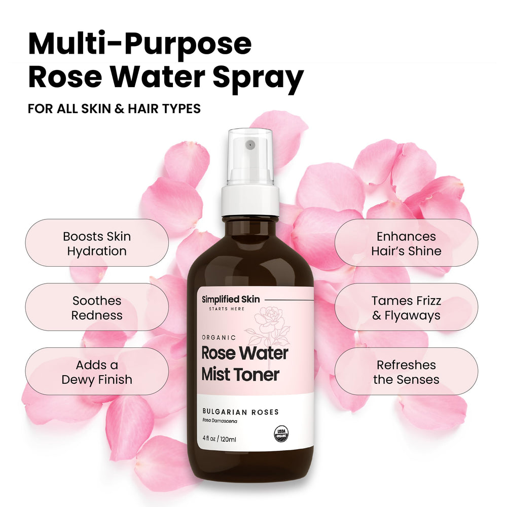 Simplified Skin rosewater spray applied to hair locs, adding natural scent and hydration.