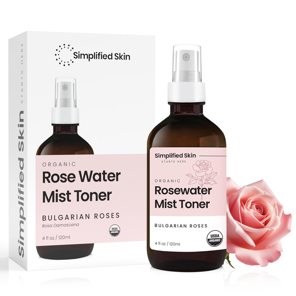 Simplified Skin rosewater spray in use, convenient for makeup or post-workout refresh.