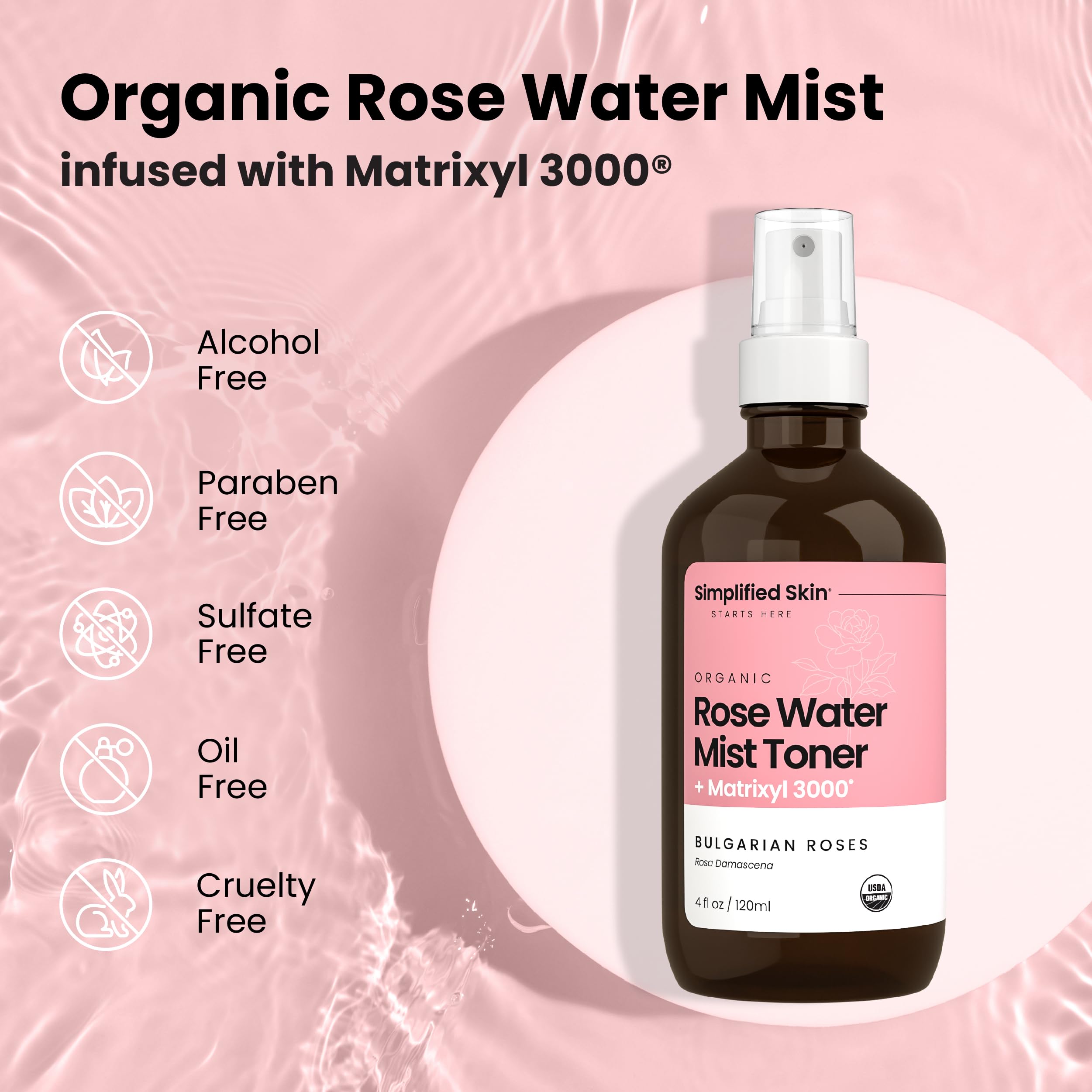 Simplified Skin USDA Organic Rosewater seal on packaging