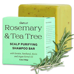 SIMPLUT Rosemary & Tea Tree Shampoo Bar close-up with herbs for scalp clarity