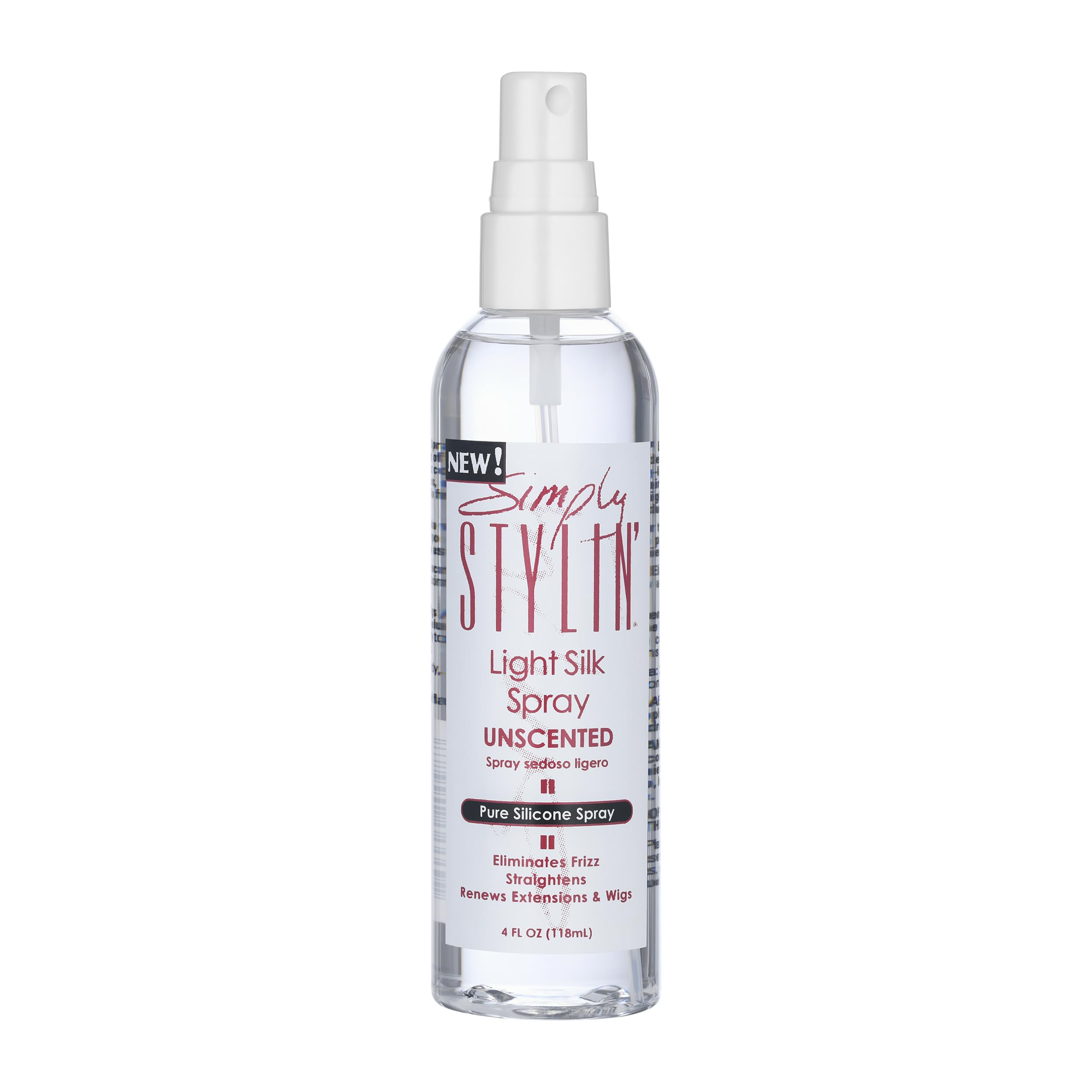Simply Stylin' Light Silk Spray Unscented bottle shows even application and control