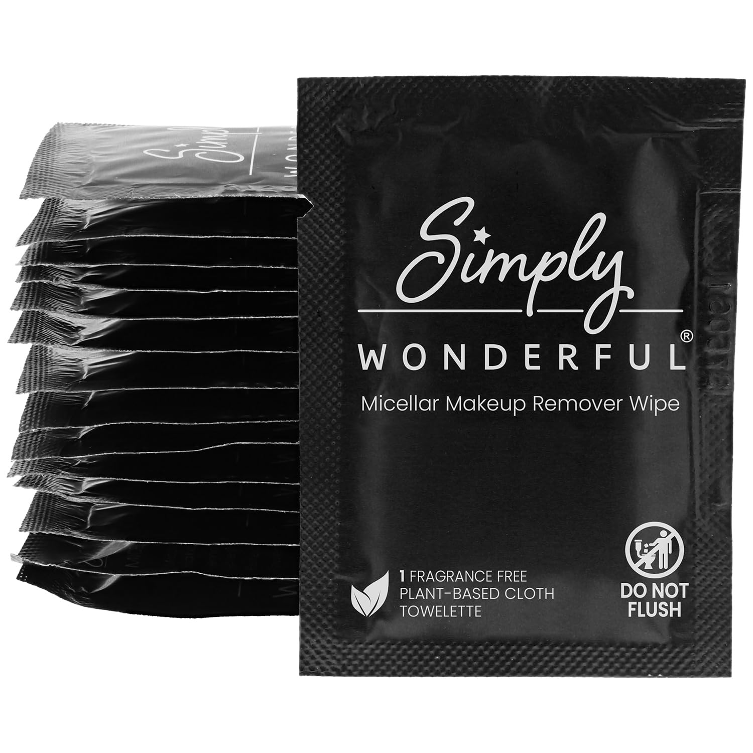 Simply Wonderful biodegradable makeup wipes pack shot showing eco-friendly packaging for easy disposal.