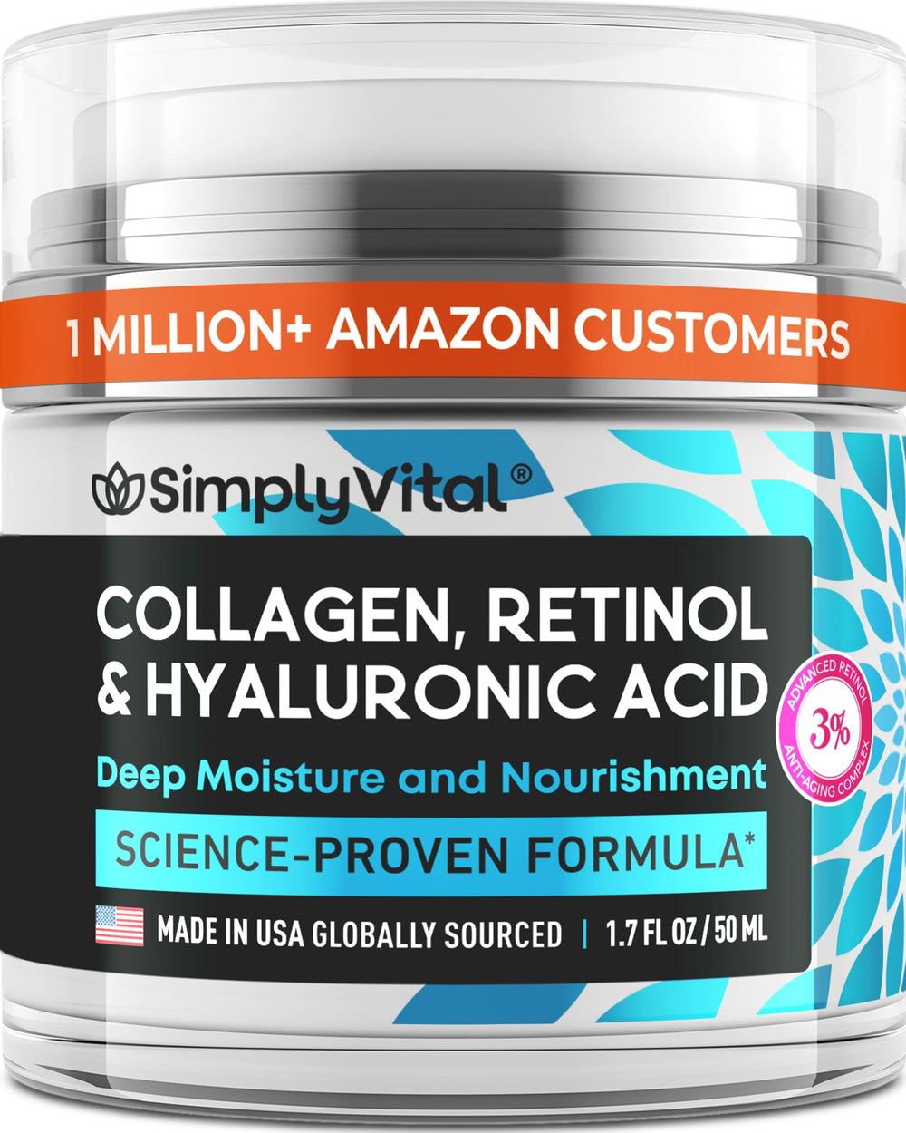 SimplyVital collagen-retinol-hyaluronic cream bottle for daily hydration and firming potential.