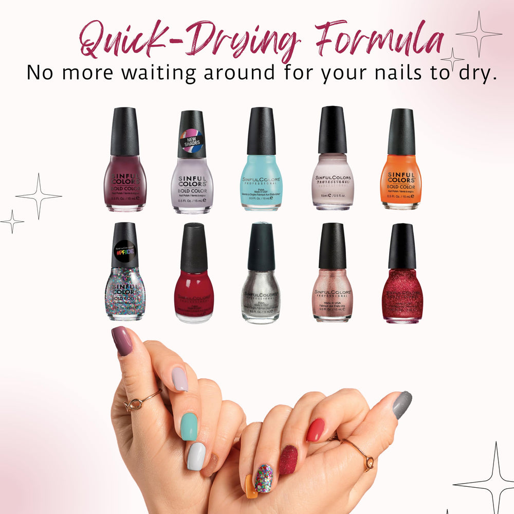 SinfulColors bottle close-up highlights glossy finishes and bold color payoff.