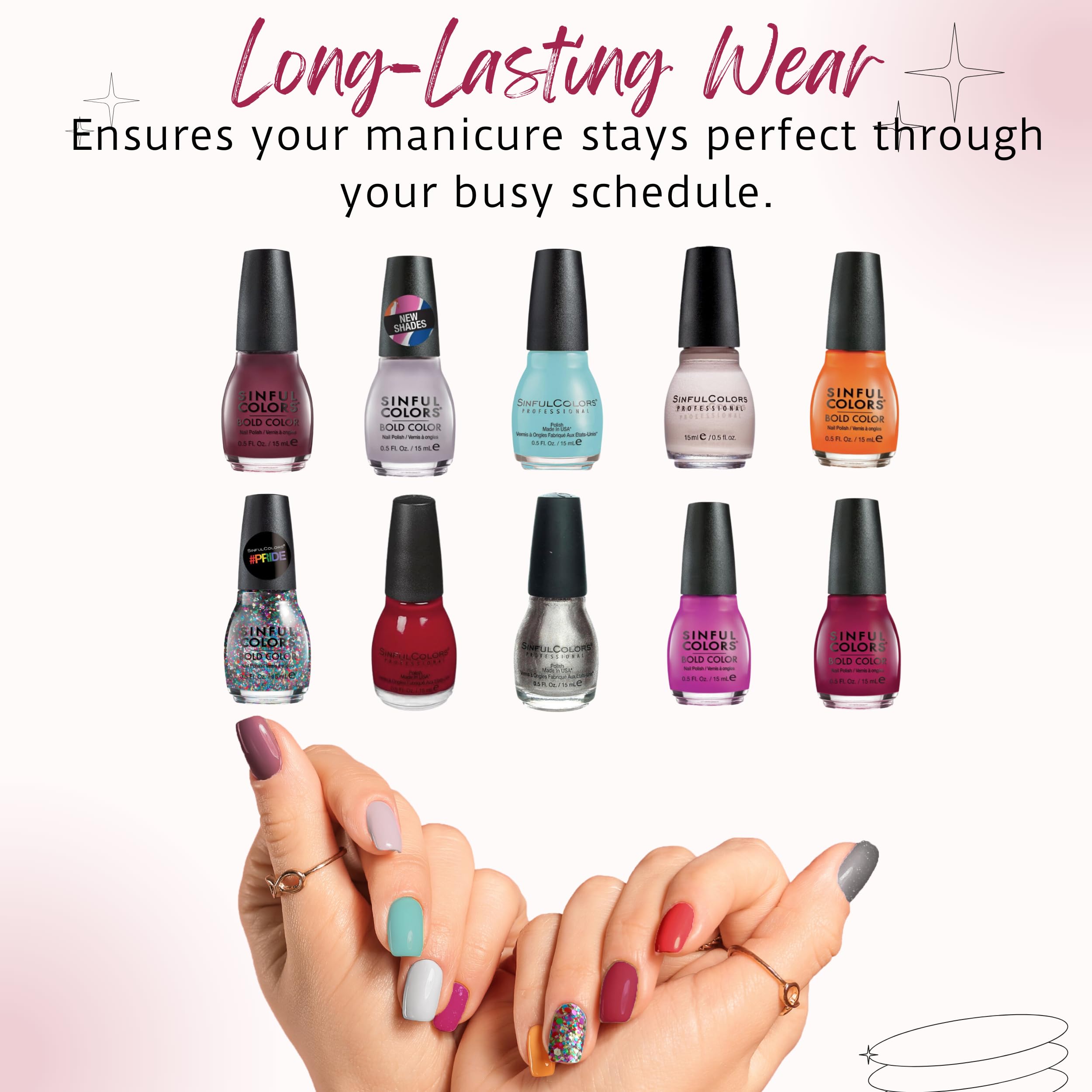 SinfulColors nail polish swatch cards display rich finishes for quick reference.