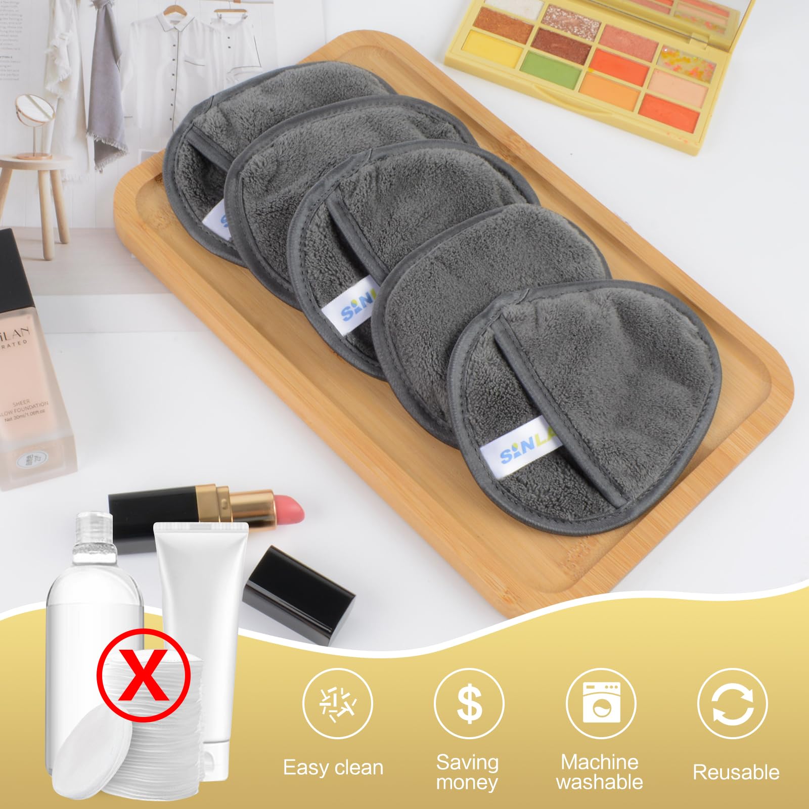 SINLAND pads in travel bag for on-the-go makeup removal
