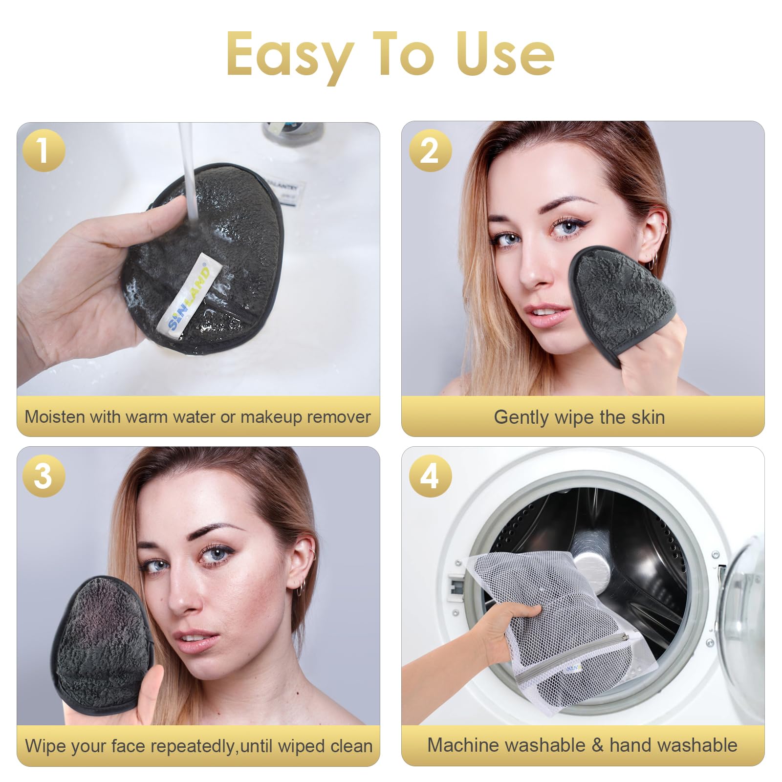 SINLAND reusable makeup remover pads in hand for easy facial cleansing