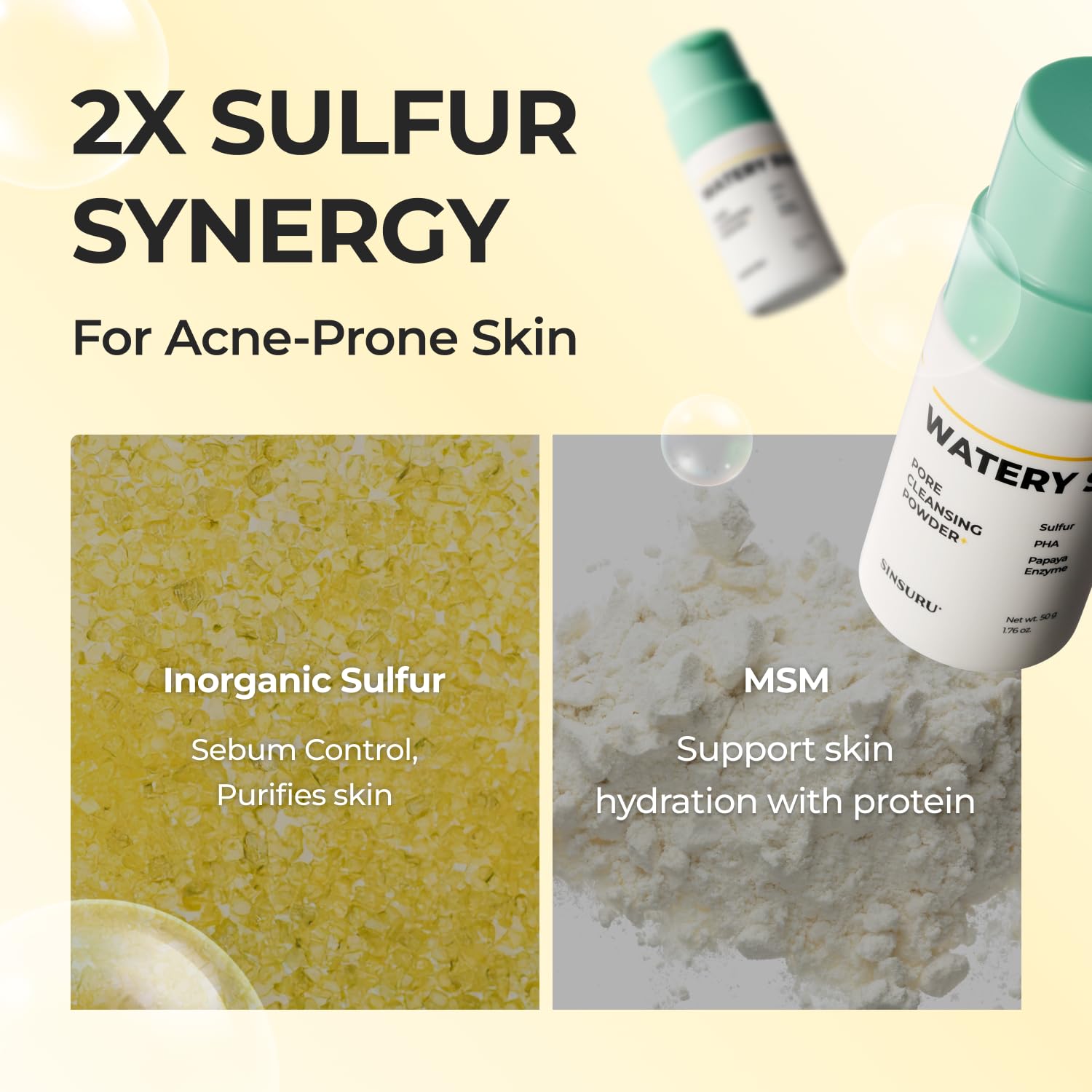 SINSURU Watery Sulfur Pore Cleansing Powder foam application on skin