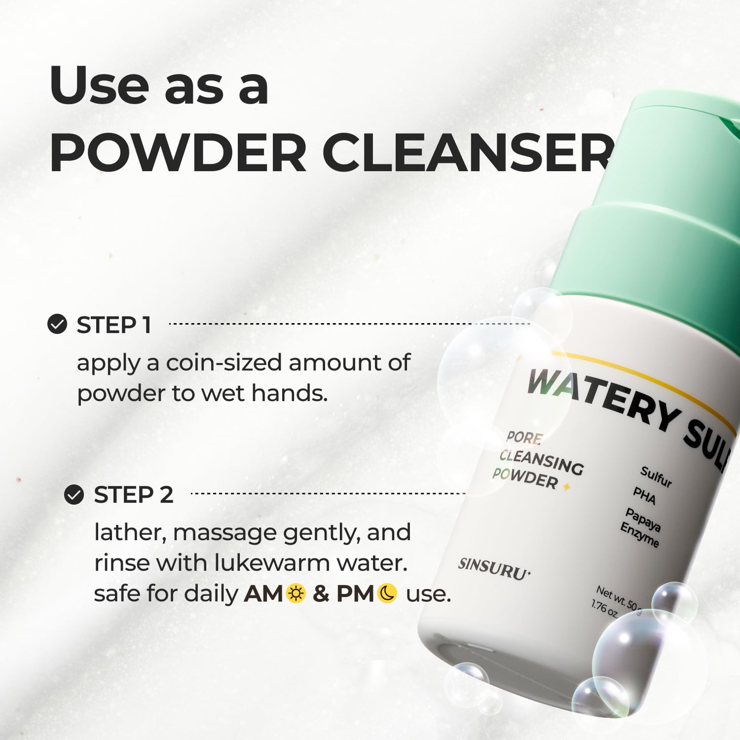 SINSURU Watery Sulfur Pore Cleansing Powder texture closeup showing refine texture