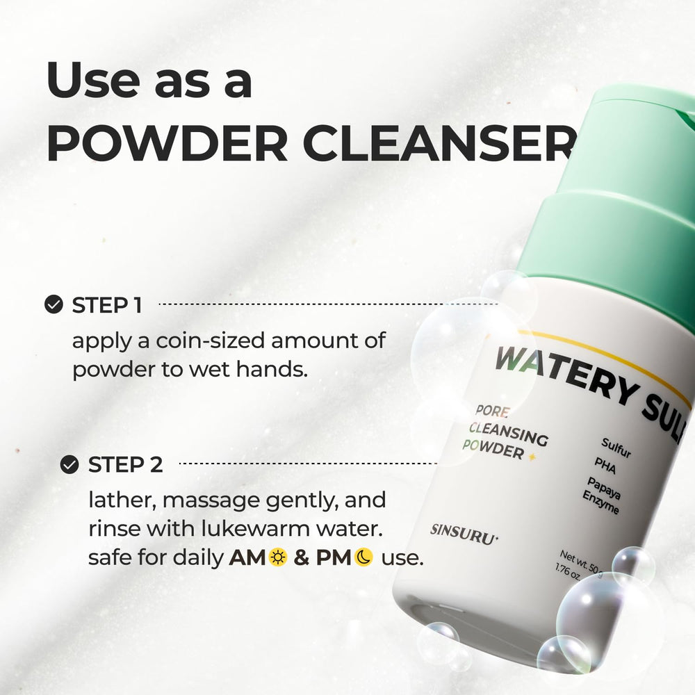 SINSURU Watery Sulfur Pore Cleansing Powder texture closeup showing refine texture